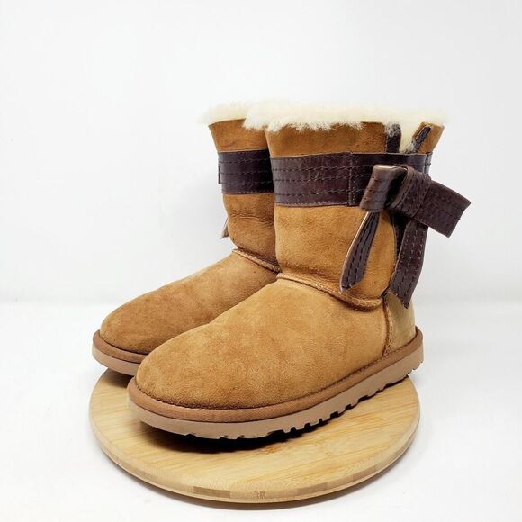UGG Josette Boots Womens 5 Chestnut Brown Suede Shearling Bow Trim - Picture 8 of 14